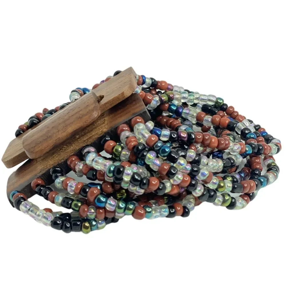 Multi Seed Bead Layered Necklace Wooden Buckle‎ Stretchy Bracelet